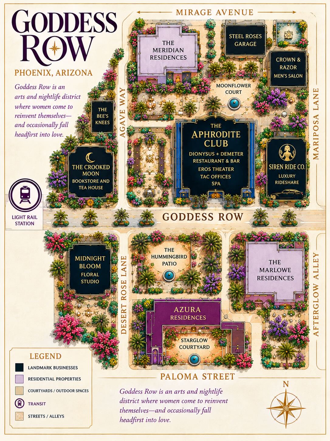 Map of Goddess Row, the fictional arts and nightlife district in downtown Phoenix where Seshat Oshun's romance series is set